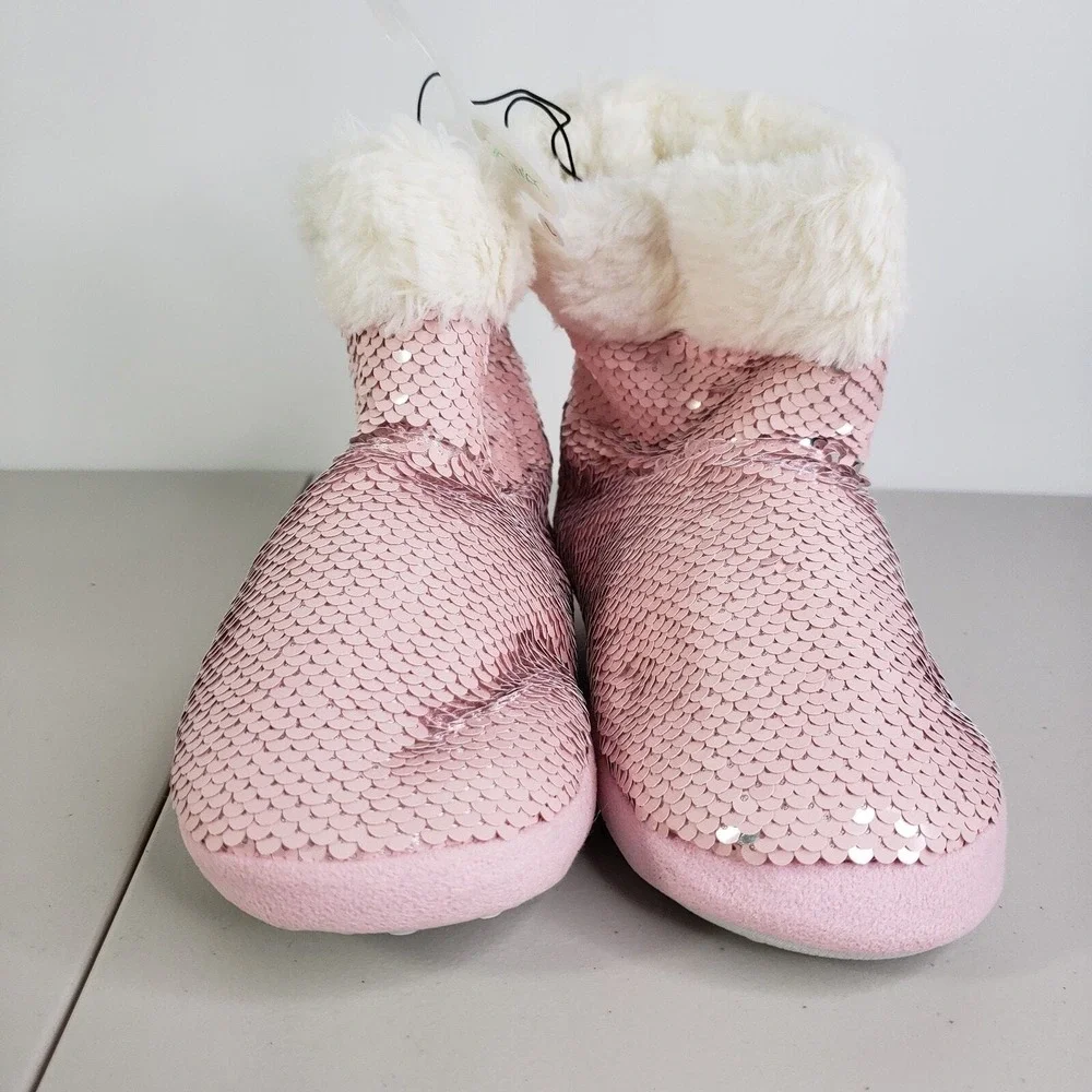 Glammer Kids Pink Reversible Sequin Boot Slippers‎ L 1/2 Cozy Plush